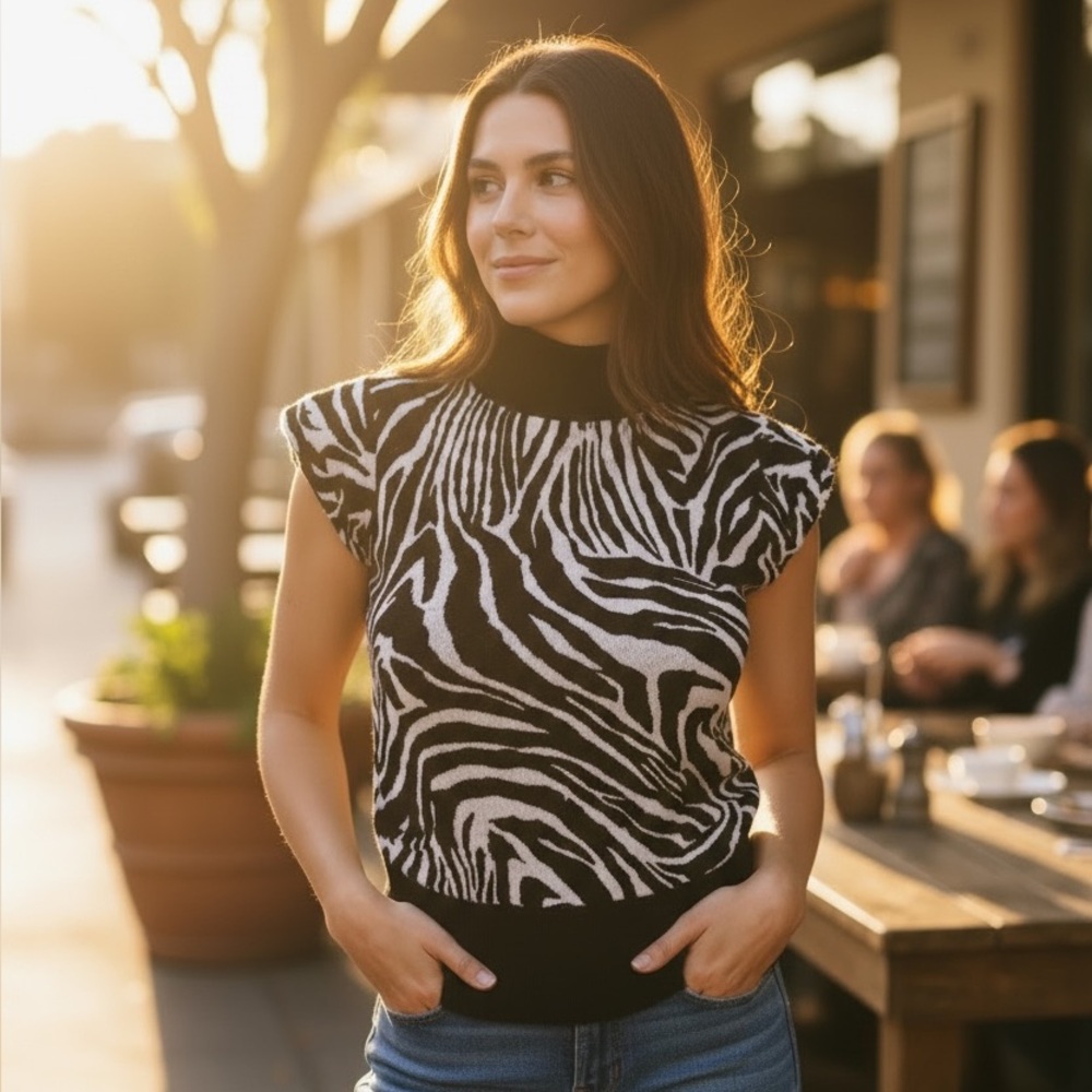 Cache Medium M Sweater Black White Zebra Print Top Cap Slv Mock Neck Vintage Y2K